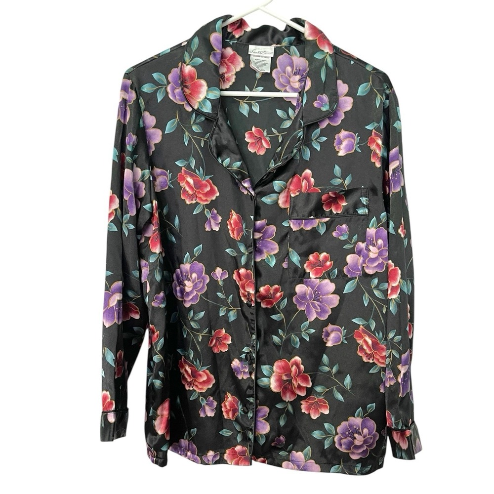 Secret Treasures Medium Black Floral Pajama‎ Top Long Sleeve Satin Button Down